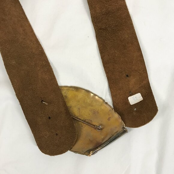 Vintage 80s Belt Artisan Hand crafted Brutalist Buckle tan leather - Picture 7 of 8